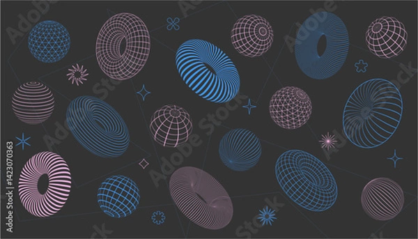 Fototapeta 3D wireframe geometric objects from a linear grid. Retrofuturistic set of elements. Cyberpunk style perspective figures. Vector collection