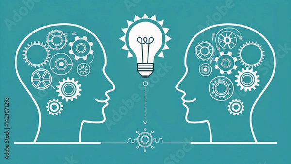 Fototapeta Two outline heads with gears and a lightbulb symbolize collaborative thinking, Teamwork and idea exchange shown through symbolic profiles and gears.

