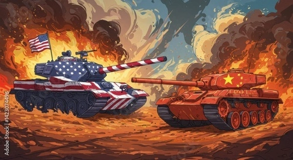Fototapeta Fiery Confrontation: American and Chinese Tanks in a War-Torn Landscape