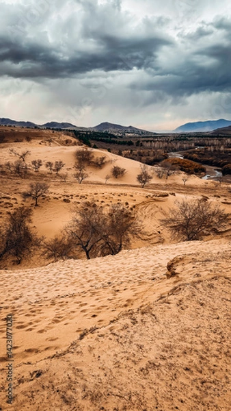 Fototapeta Countryside Mongolia with green trees and sand dune