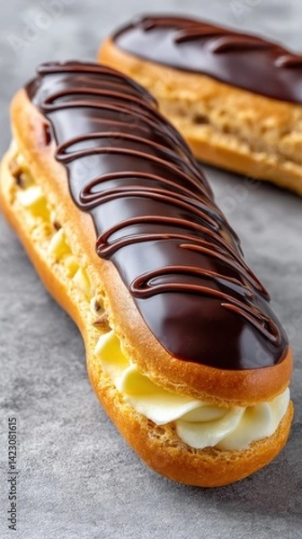 Obraz A delicious eclair filled with cream, topped with rich chocolate and drizzled with chocolate sauce, perfect for dessert lovers.