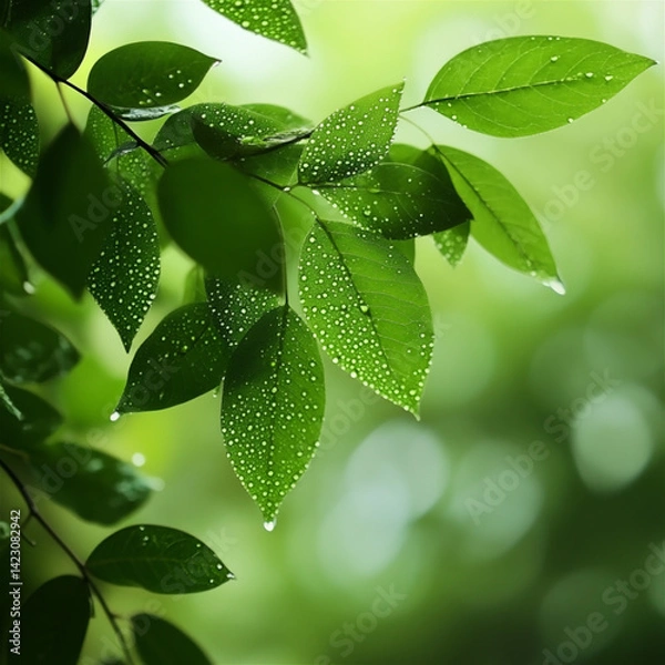 Obraz 水滴が輝く緑の葉