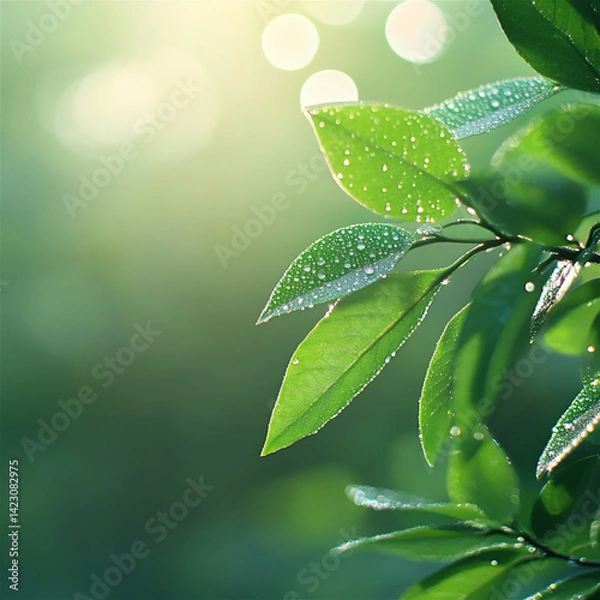 Obraz 水滴が輝く緑の葉