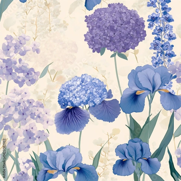 Obraz 華やかで繊細な青と紫のフラワーパターン