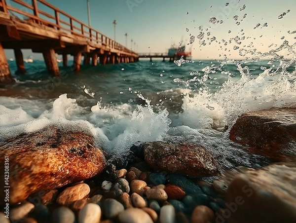 Obraz Waves Crashing on Pier Rocks