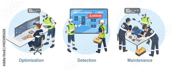 Fototapeta AI Integration in Industrial Operations Optimization Error Detection and Predictive Maintenance in a Smart Factory Environment isometric cartoon