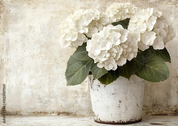 Obraz White Hydrangeas in Rustic Pot