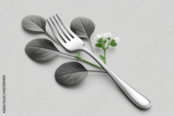 Fototapeta A black-and-white minimalist drawing of a fork with spinach leaves