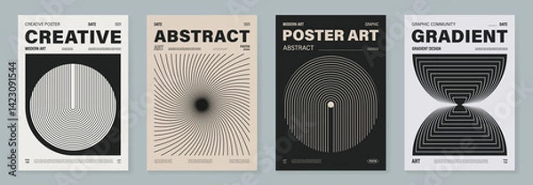 Fototapeta Abstract monochrome poster background vector set. Modern cover template with black and white perspective geometric prism shape, halftone dot, line. Ideal design for social media, banner, ads.