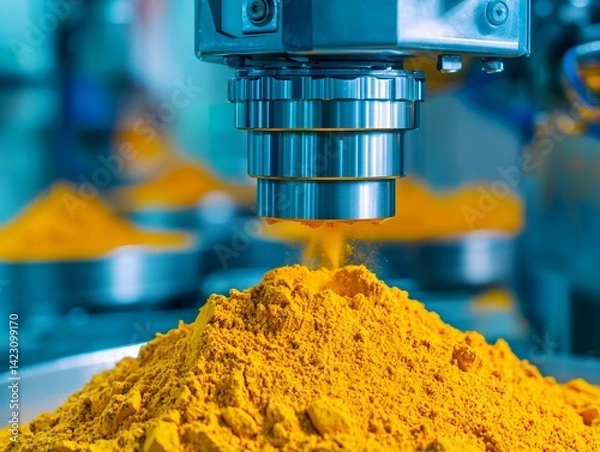 Fototapeta Industrial Turmeric Processing Automated Powder Filling Machine Close Up