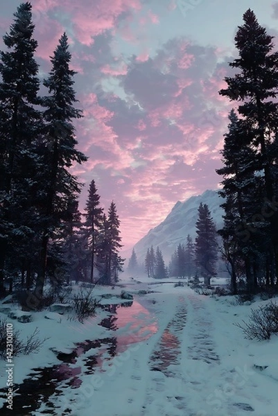Obraz Winter Path, Pink Sunset, Mountain Valley
