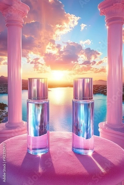 Fototapeta Pinkhued perfume bottles on a plush platform against a dreamy sunset backdrop