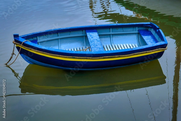 Obraz barque en bois bleue se reflétant sur une eau calme