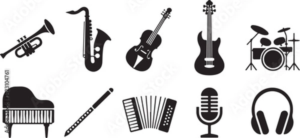 Fototapeta Musical Instrument Silhouette Vector Set with Guitar Piano Drums Icons in Black