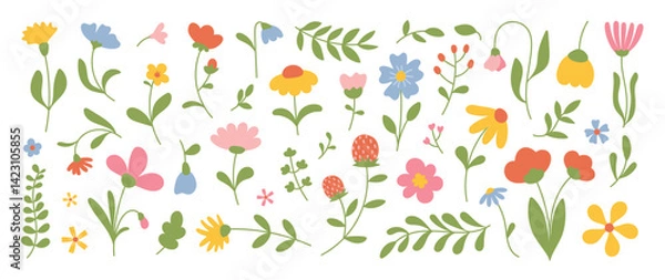 Fototapeta Collection of spring colorful flower elements vector. Set floral of wildflower, leaf branch, foliage on white background. Hand drawn blossom illustration for decor, easter, thanksgiving, clipart.