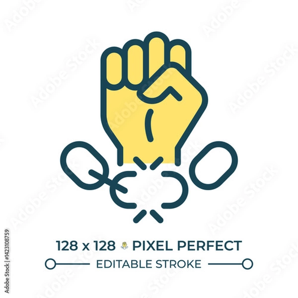 Fototapeta Freedom from slavery pixel perfect line color icon. Stop trafficking and exploitation. Human rights. Fist breaking chain. Isolated vector illustration. Flat colorful symbol design. Editable stroke