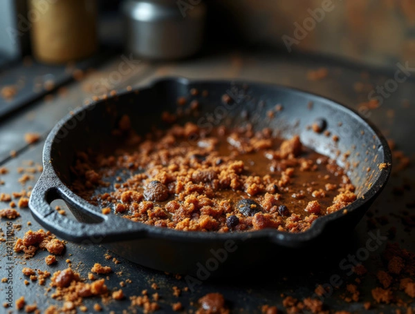 Obraz Delicious baked dessert served in cast iron skillet with crumbs and remnants leftover