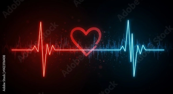 Fototapeta Energetic Heartbeat Visualization with Red and Blue Pulses on Dark Background