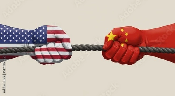 Fototapeta Tug-of-War: American and Chinese Flags in Tense Grip