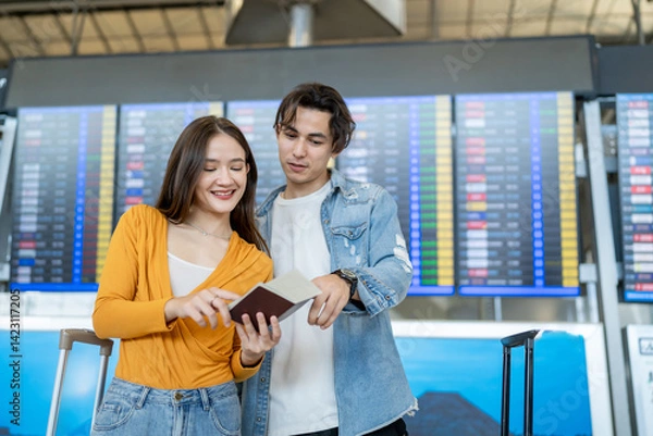 Obraz Asian passengers checking flight information on timetable in airport. 