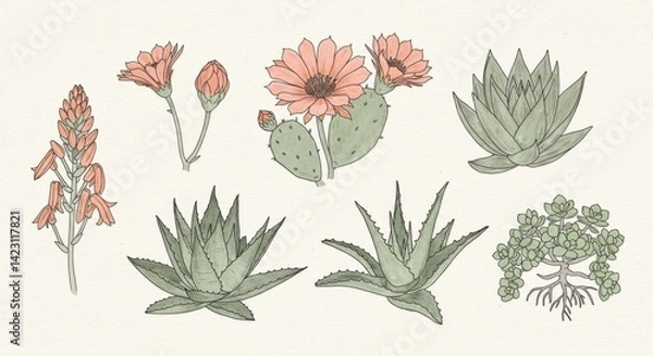 Fototapeta Five Artistic Line Drawings of Flowering Succulents and Cacti