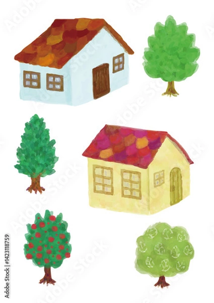 Fototapeta 手書き風の家と木のセット