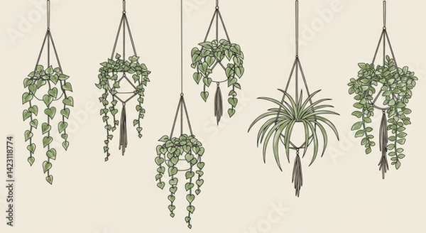 Obraz Five Hanging Plants Line Illustrations
