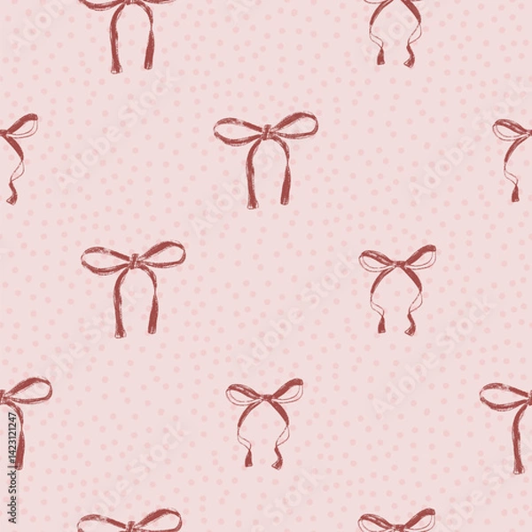 Fototapeta Coquette bows seamless pattern. Retro bowknotes girly endless background. gift ribbons repeat cover. Party crayon drawn continuous ornament.Vector hand drawn illustration.