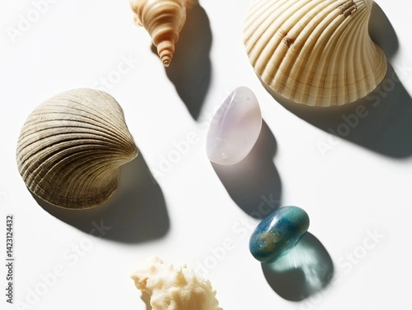 Fototapeta A close-up photograph of various seashells and gemstones, arranged on a white background, captures the intricate textures and colors of each piece. The composition is minimalist yet rich in detail, 