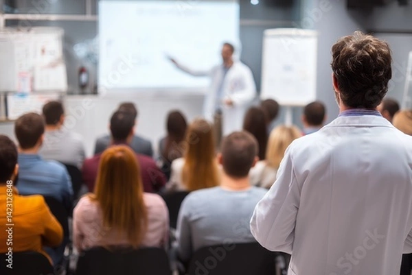 Obraz Blurred image of a large group of people attending a medical conference, a doctor in the background giving a presentation, concept for medical training, healthcare seminar, medical conference