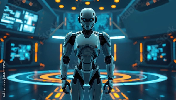 Fototapeta Futuristic humanoid robot standing in high-tech digital environment with glowing blue and orange accents, looking ready for action