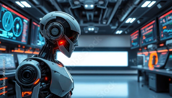 Fototapeta Futuristic Robot in High-Tech Control Room with Digital Displays and Orange Highlights