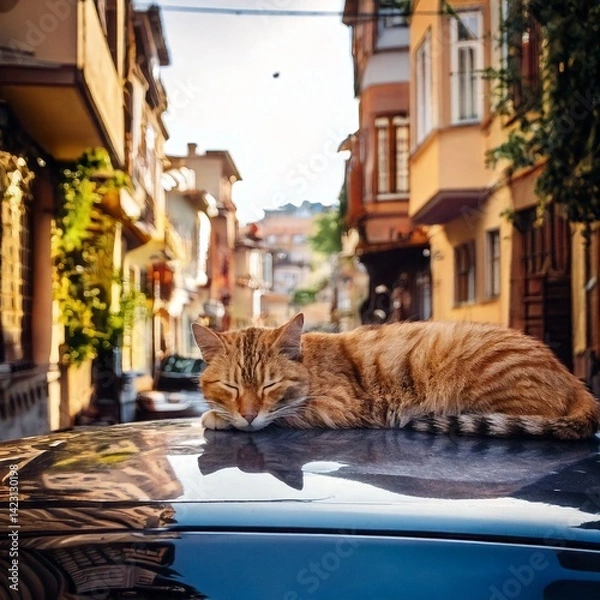 Obraz cat sleeping on car