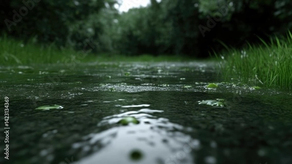 Obraz Wet forest path after rain.  Close-up view of a shallow, flooded walkway in a lush green woodland