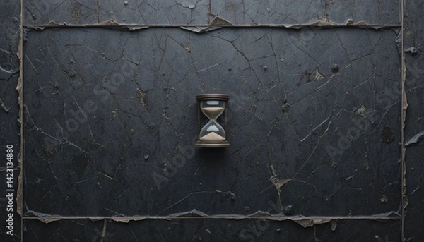 Fototapeta Time passing with an hourglass on a cracked wall still life photography dark aesthetic overhead view conceptual reflection