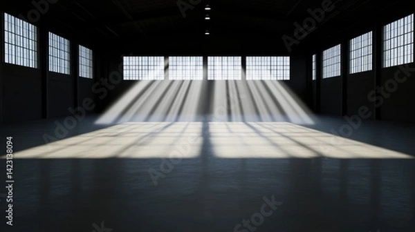 Obraz Industrial warehouse interior with sunbeams
