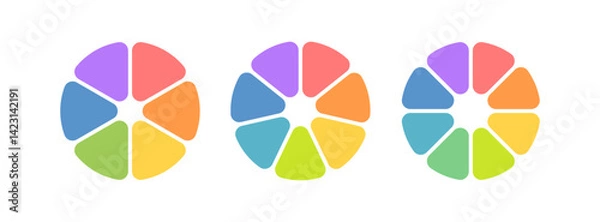 Fototapeta Circle division infographic icon. Pie chart divided six, seven and eight equal parts. 6, 7, 8 sectors icon. Color infographic flower round diagram. Vector illustration isolated on white background.