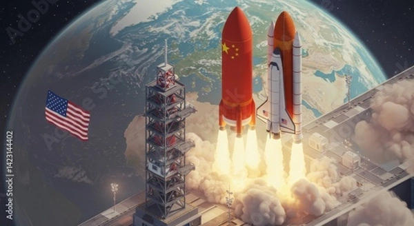 Obraz Dual Space Launch: US & Chinese Rockets Ascending Above Earth