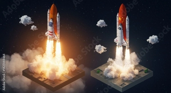 Fototapeta Isometric Low-Poly Space Shuttle Launch Duo: Ascent & Takeoff