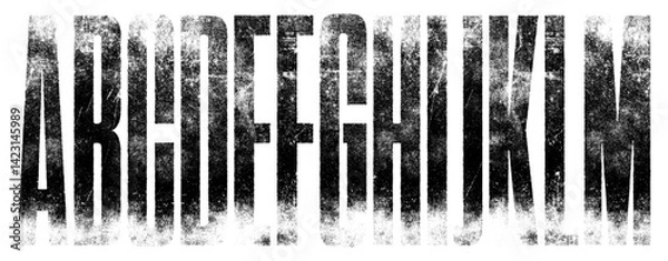 Fototapeta Textured Font. Destroyed Letterpress Texture Ultra Condensed Font. Extremely detailed, individually textured characters with a distressed, weathered printed texture. Part 1 of 2