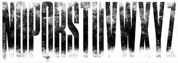 Fototapeta Textured Font. Destroyed Letterpress Texture Ultra Condensed Font. Extremely detailed, individually textured characters with a distressed, weathered printed texture. Part 2 of 2