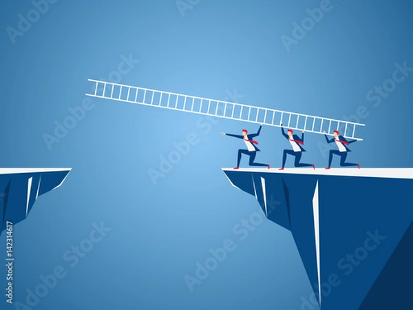 Fototapeta Business team using ladder to cross through the gap between hill. Business Teamwork ,risk and success concept.