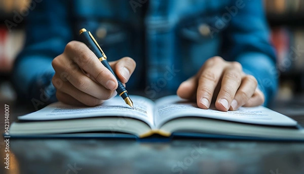 Fototapeta Person writing in an open book at a library, surrounded by shelves of books and a cozy atmosphere