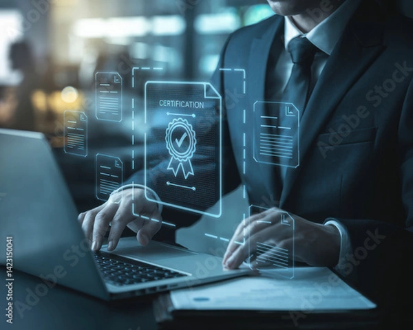 Obraz Businessman using futuristic holographic certification system