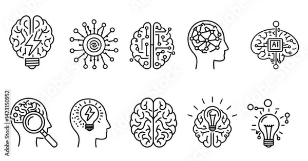 Obraz Brain and AI Technology Icon Set – Innovation, Intelligence, and Neural Network Line Art

