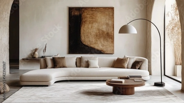 Fototapeta Stylish living room with curved sofa, modern art, floor lamp, neutral colors, and minimalist design.