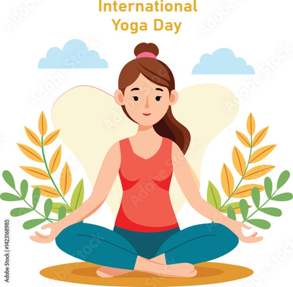Fototapeta Cartoon illustration of a woman practicing yoga, ideal for International Yoga Day promotion or wellness-related content.