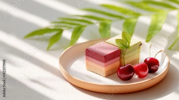 Fototapeta A colorful dessert plate featuring layered jelly squares and cherries, set against a backdrop of soft light and green leaves.