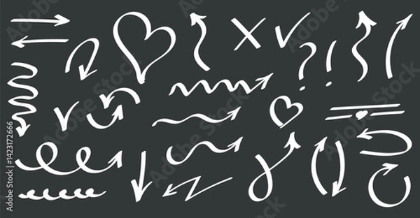 Obraz Line kid pencil color brush hand drawn chalk vector element set. Texture brush chalk stroke kid heart, star, arrow element hand drawn sketch scribble