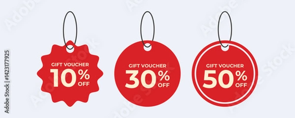 Obraz Contains three red gift voucher tags with 10 30 and 50 off.